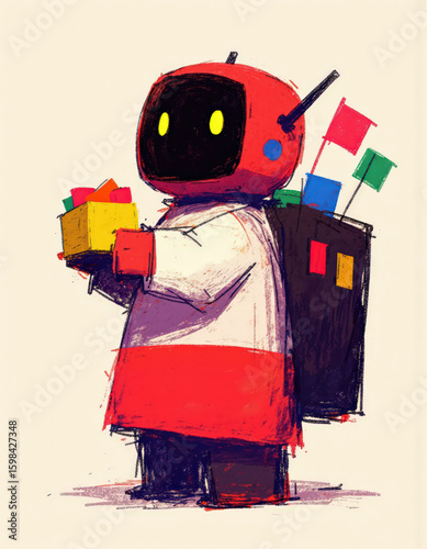 Cute Delivery Robot with Flags and Parcel – Futuristic Illustration