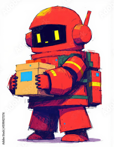Red Robot Carrying Package – Cartoon Delivery Concept