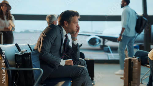 Photography Worried businessman in a suit sits alone at the airport gate, lost in thought while waiting for his flight, reflecting the stress and uncertainty of corporate travel