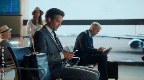 Businessman using smartphone and wearing earbuds in airport lounge
