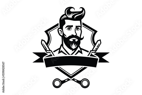 Vintage barber shop emblem featuring a bearded man with scissors and comb silhouette isolated on white background