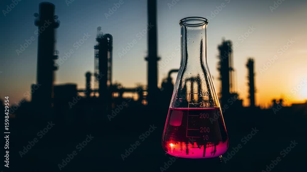 Transparent flask containing colored substance against silhouette of industrial equipment highlighting chemical experimentation.