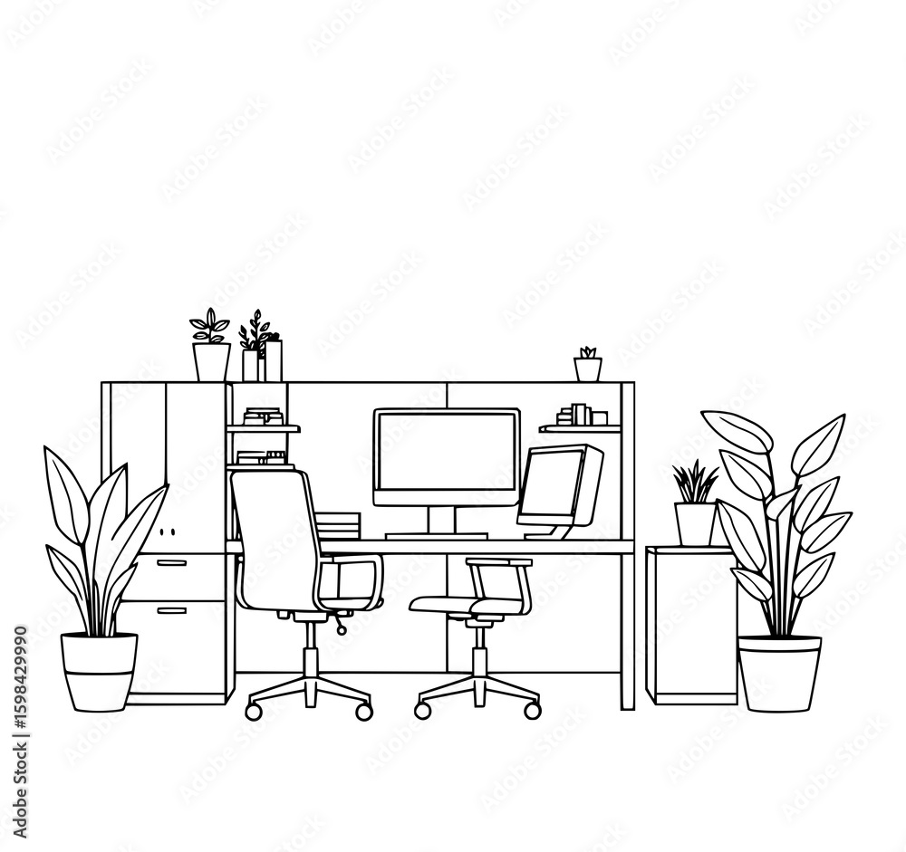 Fototapeta premium Modern Office Workspace: A clean line art illustration depicts a minimalist office setup with two desks, chairs, plants, and computers, showcasing a serene and productive atmosphere.