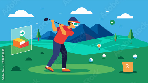 A customizable VR practice session where the golfer can adjust difficulty levels and receive tailored coaching on their strengths and weaknesses.. Vector illustration