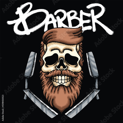 Skull with Barber Tools for streetwear illustration