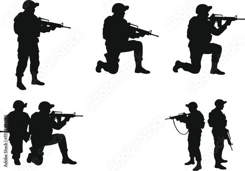 Vector art of silhouettes of soldiers in various poses with rifles isolated on white background