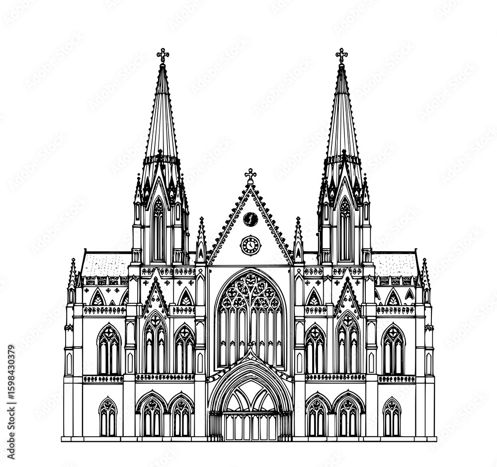Fototapeta premium Gothic Cathedral Facade: A detailed line art illustration showcases the intricate architecture of a majestic Gothic cathedral, featuring twin spires, arched windows, and ornate detailing.