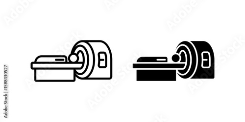 Ct Scan icon set. A simple outline and silhouette style illustration of an MRI scanner machine used in medical diagnostics. Represents modern healthcare technology.