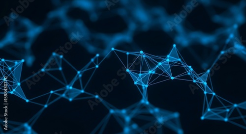 Abstract blue network of interconnected nodes and lines forming a complex, futuristic web against a dark background.