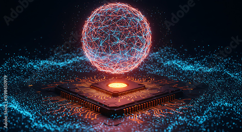Quantum Processing on Futuristic Microchip: An artistic representation of a microchip at the forefront of quantum processing, with a glowing sphere of interconnected data.