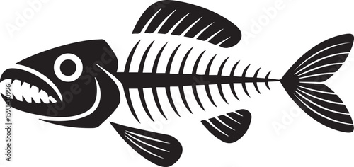 Monochrome Fish Skeleton Illustration with Sharp Teeth and Defined Ribs, Fins and Tail Design