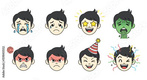 Collection of diverse human emotions expressed through animated faces and emotive illustrations