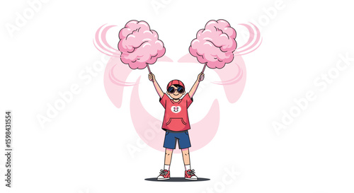 A young boy happily holding two large pink cotton candy puffs above his head in a celebratory gesture