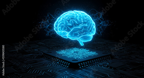 Illuminated Intellect: An ethereal blue rendering of a brain hovers above a digital circuit board, a powerful visual representation of advanced technology.