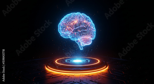 Digital Brain Hologram: a luminous digital brain hologram floats above a glowing platform, showcasing the intricate complexity of the human mind against a dark background.