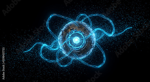 Mysterious Energy Sphere: A mesmerizing display of advanced technology featuring an energy sphere at the center, surrounded by intricate luminous trails, set against a dark backdrop.
