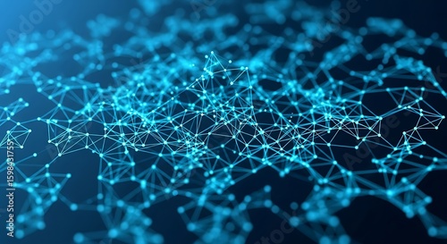 Abstract network of interconnected nodes and lines in shades of blue, suggesting connectivity, data, and technology.