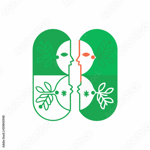 Harmony and Unity: An artistic representation symbolizes the fusion of two entities, their profiles intertwined amidst a backdrop of botanical elements, suggesting connection, balance.
