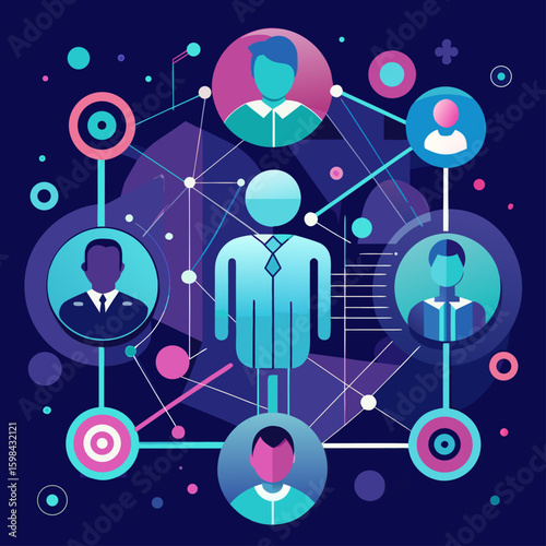 Network of Connections: Illustrative digital art showcasing a web of connected individuals, highlighting collaboration and networking in a modern aesthetic. 