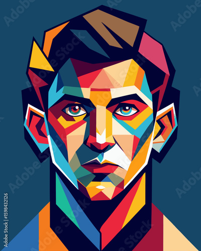 Artistic Portrait in Geometric Style: A striking, colorful portrait of a person, created with a geometric style. The artwork uses sharp angles.