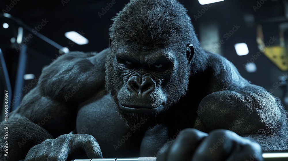 Fototapeta premium Gorilla fitness gym workout motivation strength training powerful animal primate ape bodybuilding exercise 100char silhouette