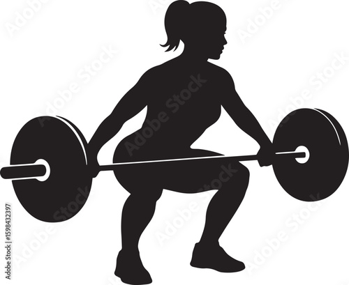 Silhouette of a Female Weightlifter Performing a Squat with a Barbell in a Fitness Setting