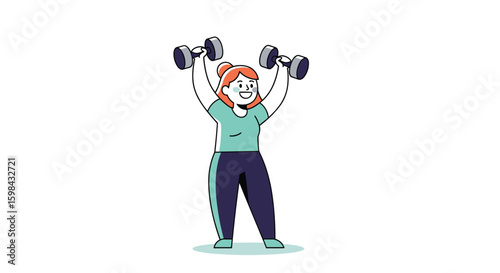 Energetic woman performing overhead dumbbell press exercise promoting healthy lifestyle and fitness routines for strength training and muscle development