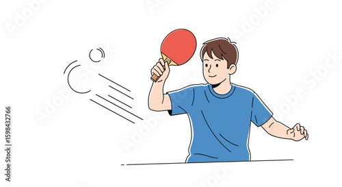 Young boy enthusiastically playing table tennis on a sports court with a paddle and ball during a casual game