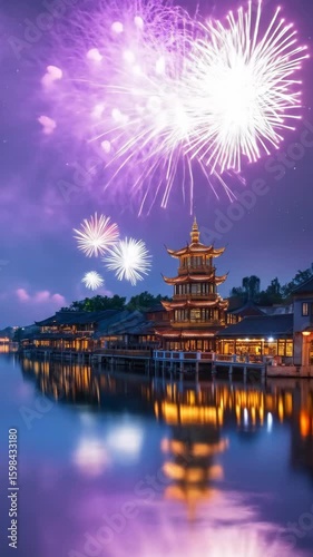 Traditional asian town building with fireworks at night. Lights reflect on calm water with stars in sky. Celebration footage.