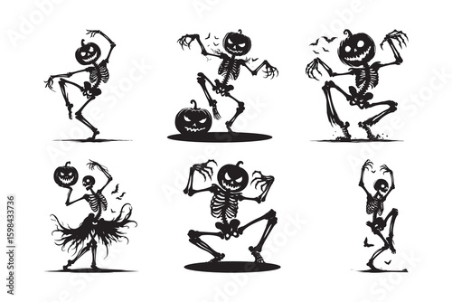  Set of Eerie silhouette of a skeleton dancing, with a pumpkin head and glowing eyes, on white