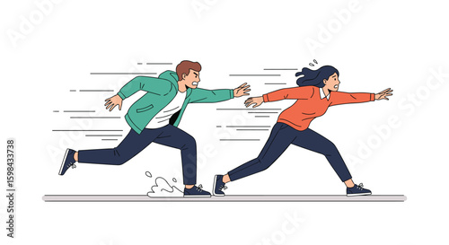 Two people running very fast with motion lines indicating speed and urgency in a chase or escape scenario