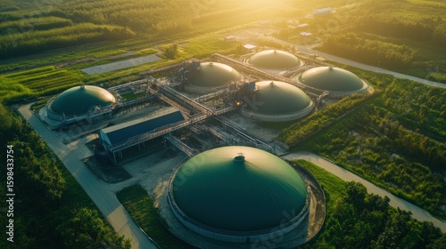 Aerial view of a modern biogas plant under golden sunset light