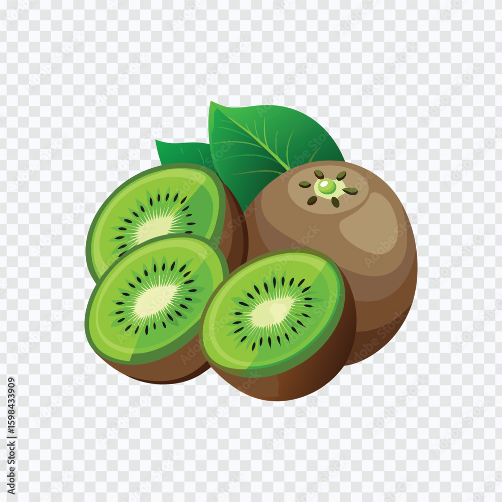 Obraz premium Ripe Kiwi Fruits Whole and Sliced with Green Leaves and Seeds