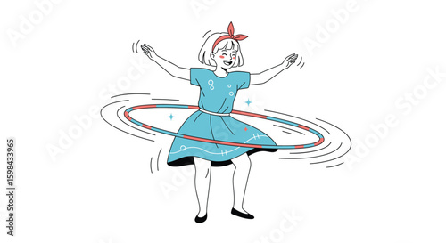 Joyful young girl with a hula hoop demonstrating her skill with energetic motion in a playful outdoor setting