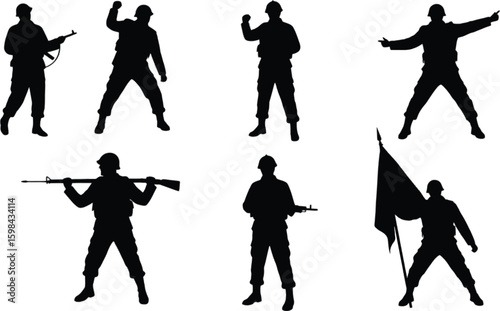 Vector art of silhouetted soldiers in various stances, holding rifles and a flag, isolated on white background