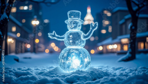 A glowing snowman in a top hat stands in the snow on a night city street, illuminated by a soft blue light, against the backdrop of warm street lamps and buildings
