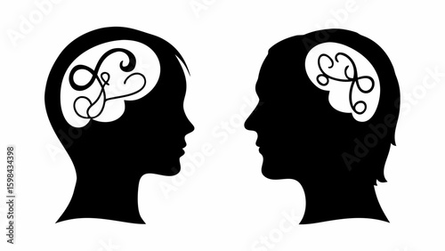 Silhouetted heads with abstract thought patterns
