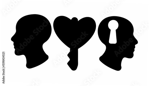 Two heads with a heart key and keyhole profile view