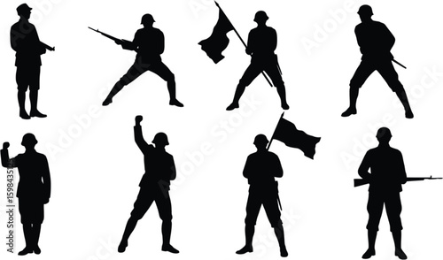 Vector art of a group of soldier silhouettes in uniform holding rifles and flags