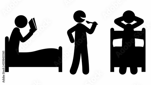 Three stick figures engaging in daily activities