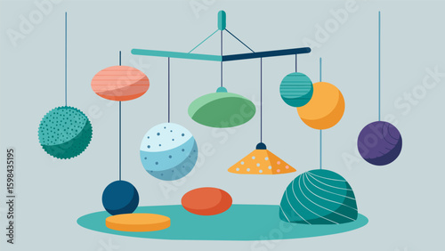A mobile made of different textured and weighted objects designed to engage the sense of touch and promote relaxation through movement.. Vector illustration