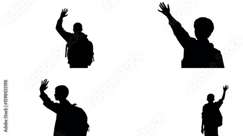 Silhouette waving goodbye students with backpack farewell gesture back view isolated on white background