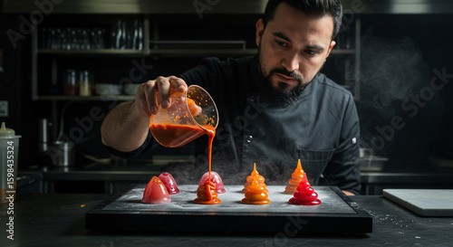 Chef plating gourmet appetizer in a commercial kitchen