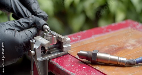 Worker polishes the O2 sensor adapter with a grinder to shape it for a better fit onto a metal pipe before welding.
