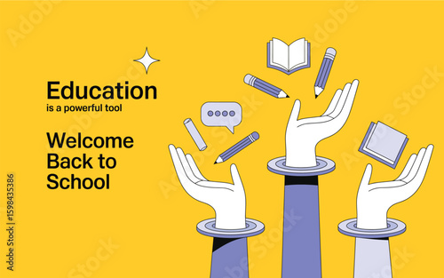 Back to school creative illustration with hands holding notebook, pencil, book, and speech bubble—symbolizing education and learning tools