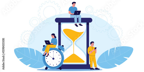 Conceptual illustration of professionals engaging with clocks, hourglass, and smartphone—symbolizing time tracking, focus, and smart work