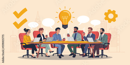 Creative business meeting with diverse professionals brainstorming ideas around table, featuring speech bubbles, lightbulb, and gear icons