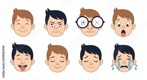 Collection of diverse emotional expressions of young boys portrayed through simple cartoon faces