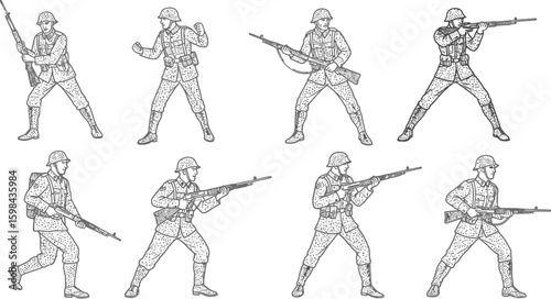 Vector art of a group of vintage soldiers in uniform holding rifles in various poses