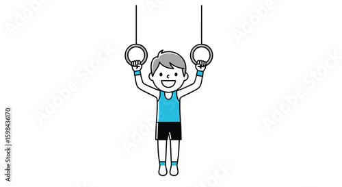 Young boy performing strength training exercises while hanging from gymnastic rings with a cheerful expression on his face wearing athletic apparel